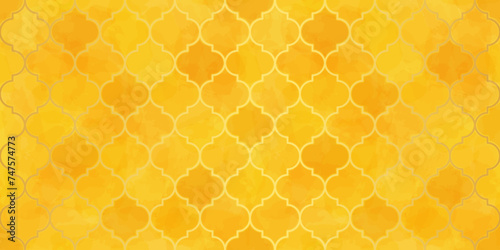 Gold Moroccan Seamless Pattern. Arabic Mosaic Watercolor Ornament. Eid Mubarak Muslim Background. Ramadan Kareem Islamic Illustration. Turkish Mosque Window Shape.