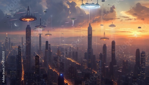 view of a futuristic smart city wireless modern technology communication