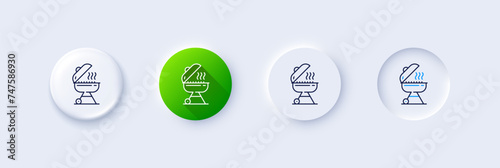 Grill line icon. Neumorphic, Green gradient, 3d pin buttons. Barbecue cooker for cooking food sign. Hot meat brazier symbol. Line icons. Neumorphic buttons with outline signs. Vector