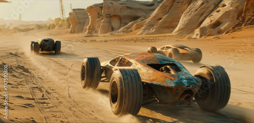 Old cars race at post-apocalyptic times, vintage iron vehicles drive fast on desert like futuristic movie. Concept of fantasy, dystopia, sport, speed, apocalypses and future