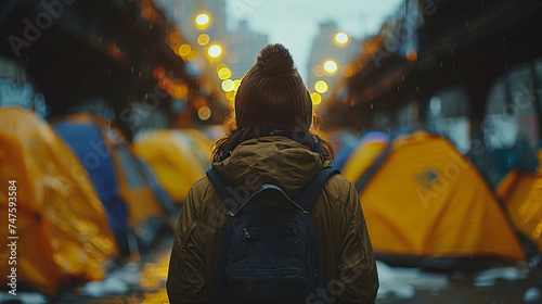 Tent community: A homeless woman stands amidst a cluster of tents in outdoor encampment