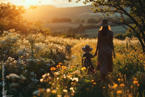 A woman and child stroll through a flowerfilled meadow at sunset