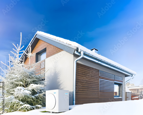 Dom jednorodzinny z pompą ciepła w zimowym krajobrazie