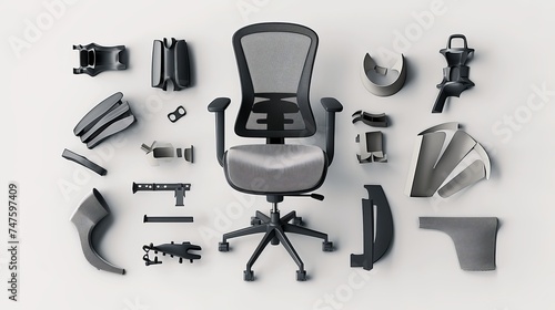 Task desk chair in pieces against a white background. Components of an office chair.