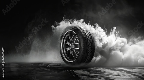 car tire smoke coming from a drifting wheel on black background