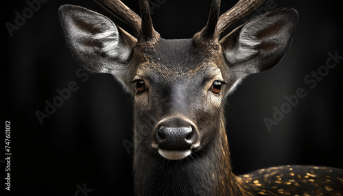 Close up deer portrait on dark bokeh background 