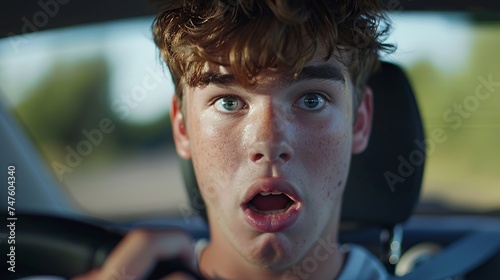 A young man behind the wheel of a modern car. He has a look of surprise on his face. The lines of age and experience on his face. His eyes are wide, his eyebrows are raised, and his mouth is slightly