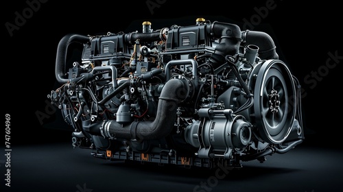 Diesel turbo engine against a dark background. From the shadows, the twin-turbine engine assemblies appear.