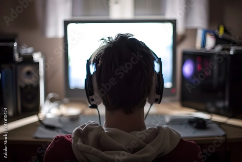young gamer boy playing on computer gaming wearing headphones hoodies desk