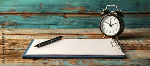 An alarm clock is placed on a notepad next to a pen on a desk, ready for use or noting important information. The scene conveys a sense of organization and preparation.