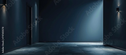A dimly lit hallway featuring two open doors leading to separate rooms. The hallway is illuminated by soft light, creating a mysterious atmosphere.
