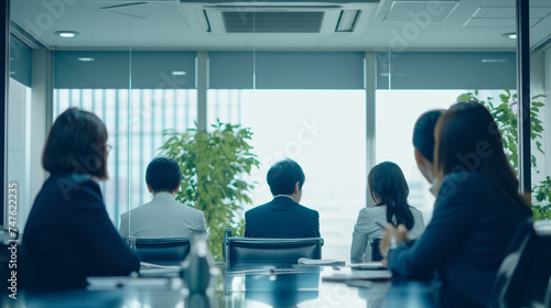オフィスの会議室でミーティングをする日本人の同僚GenerativeAI
