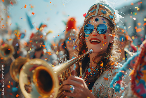 A lively marching band leading an Easter parade with musicians playing brass instruments and confetti falling from the sky, Festive Style