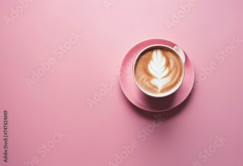 Coffee in pink pastel cup on pastel pink table background top view Coffee lovers Cup of cappuccino with latte art top view
