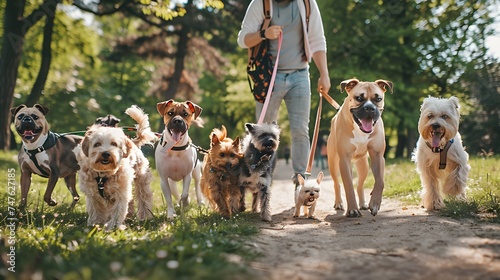 Man pet sitter walking a pack of cute different breed and rescue dogs on leash in the park, Happy pets and dog lovers