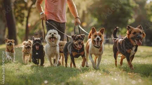 Man pet sitter walking a pack of cute different breed and rescue dogs on leash in the park, Happy pets and dog lovers