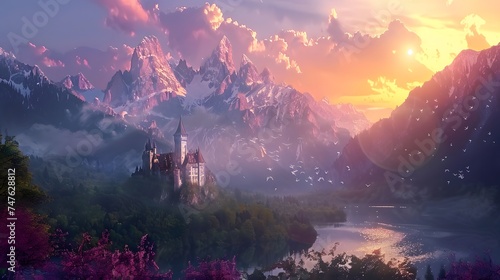 Mysterious medieval castle in the mountains against the backdrop of a magnificent summer sunset. Fantasy background, digital art