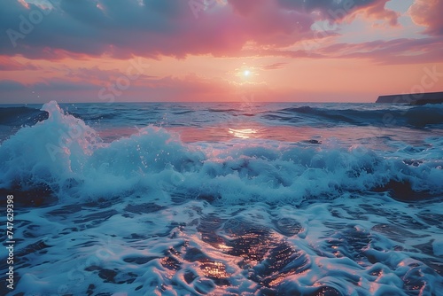 Beach sunset with strong waves and a mysterious atmosphere