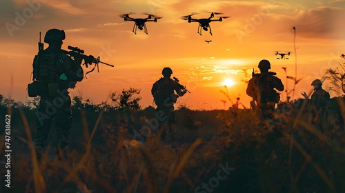 Silhouette of Soldiers using drones scouting during military, Modern army guidance views enemy positions, reconnaissance, smart war field medicine division Hospitallers search wounded on battlefield