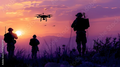 Silhouette of Soldiers using drones scouting during military, Modern army guidance views enemy positions, reconnaissance, smart war field medicine division Hospitallers search wounded on battlefield