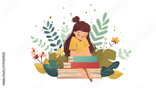 Dziewczyna siedzi na górze książek, spoglądając w dal. Jej ręce spoczywają na kolejnych tomach, a ona uważnie się przygląda