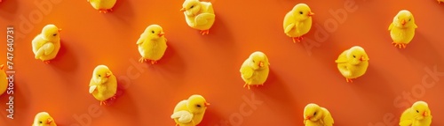 An adorable array of 3D yellow chick toys on an orange canvas, offering a burst of brightness