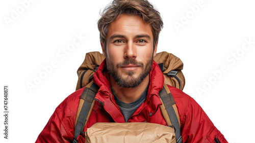 Mężczyzna w czerwonej kurtce z plecakiem niesie paczkę