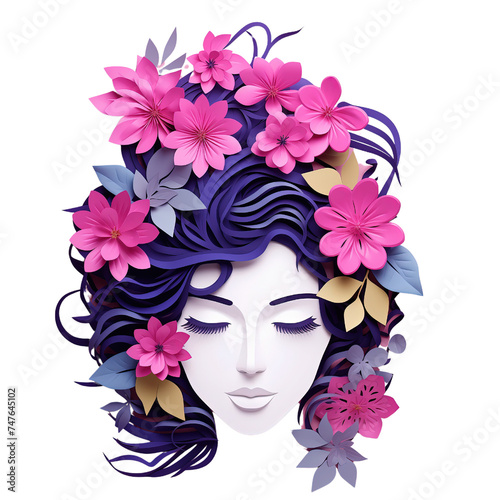 Rzeźba z papieru przedstawiająca kobietę z kwiatami we włosach, wykonana z dbałością o detale i delikatność