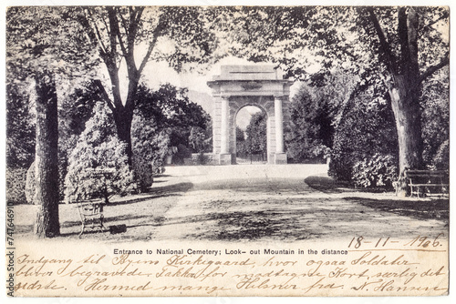 Entrace to National Cemetery, Lookout Mountain. Vintage antique postcard from 1906. Chattanooga, Tennessee