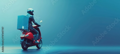 Full length side profile photo portrait of woman delivering big yellow package on red scooter isolated on pastel blue colored background