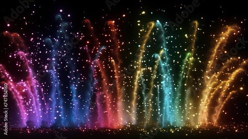Explosive and colorful holiday fireworks at night sky. Celebration City Holiday. Pyrotechnic smoke and bright flashes