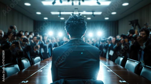 An important and authoritative person in suits, prepared to make a press conference, statement, briefing to journalists. Background of camera flashes and lights 