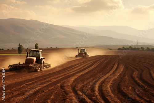 Before sowing, tractor plows ground in field being cultivated at spring AI Generation