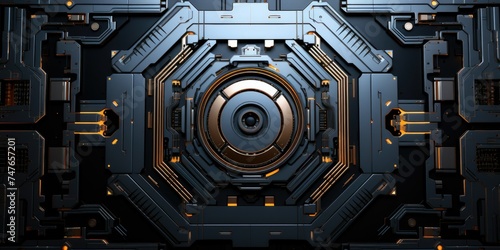 Futuristic metallic door or hatch on a spaceship, with intricate sci-fi design and cool blue lighting.