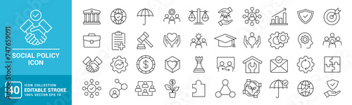 Collection of social policy icons, security, government, welfare, protection, family, vector template editable stroke EPS 10.