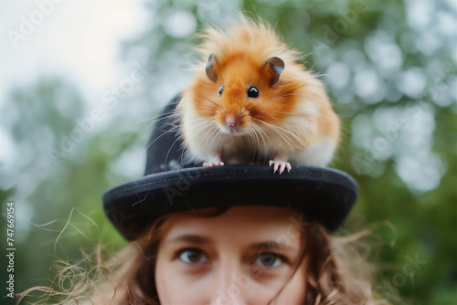A small orange hamster stands on the head of a woman wearing a bowler hat.