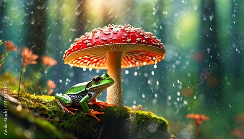 A green frog takes shelter under a red toadstool, surrounded by lush vegetation as raindrops
