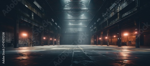 An empty warehouse with bright lights casting down onto the concrete floor below. The space appears large and industrial, with no signs of activity or movement.