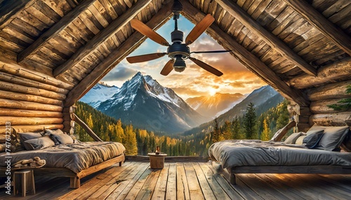 ceiling fan with wooden blades in a rustic cabin 