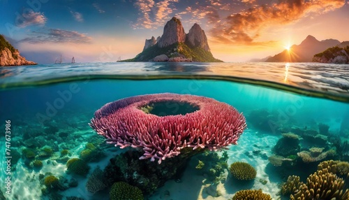Pink stony coral with a hole and algae in the ocean, bottom view from above, panorama