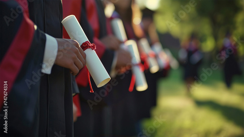 The hands of graduates holding their diplomas at the graduation ceremony, which is the culmination of their hard work. Copy space.