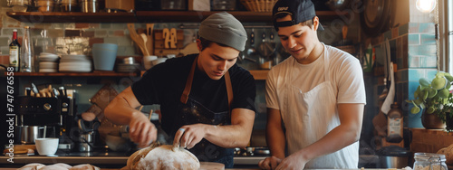 Dynamic image capturing the camaraderie and shared passion of two young men as they skillfully craft sourdough in a cozy kitchen. Generative ai.