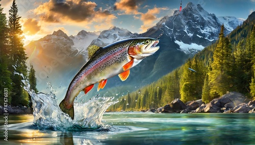 Rainbow trout jumping out of the water with a splash. Fish above water catching bait. Panorama