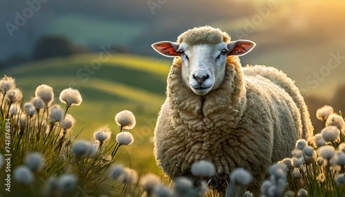 Sheep in the field with wool flowers