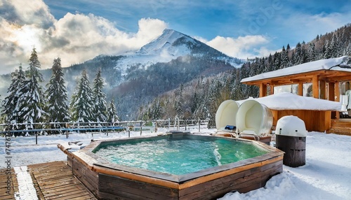 ski resort in the mountains. a hot tub with spa near a winter forest with a snow covered mou