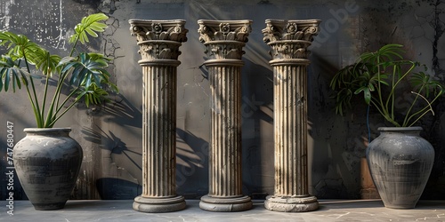 three stone pillars against black wall background