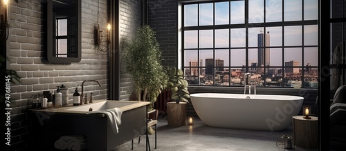 This modern and classic loft bathroom features a luxurious tub, sleek sink, and a spacious window filling the room with natural light. The beautiful tile decor adds a touch of elegance to the space.