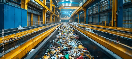 Pile of trash waste om conveyer belt at treatment disposal plant. Generative AI technology.
