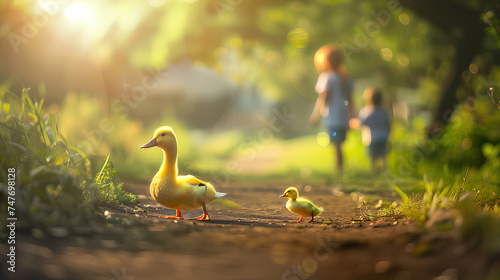 A charming scene of a duck with her ducklings walking in line during a golden sunrise, with a bokeh background. 
