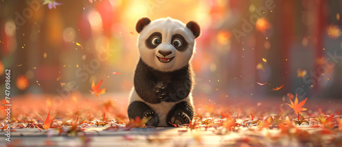 Joyful Panda Cub in Autumn Leaves